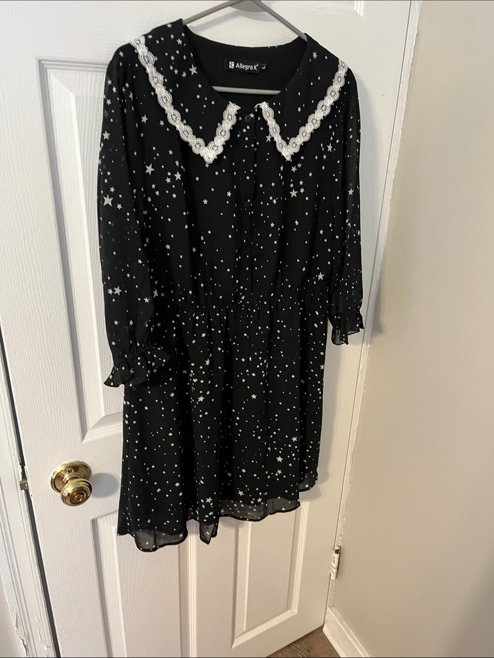 Allegra K Black Star Print Dress with Lace Collar